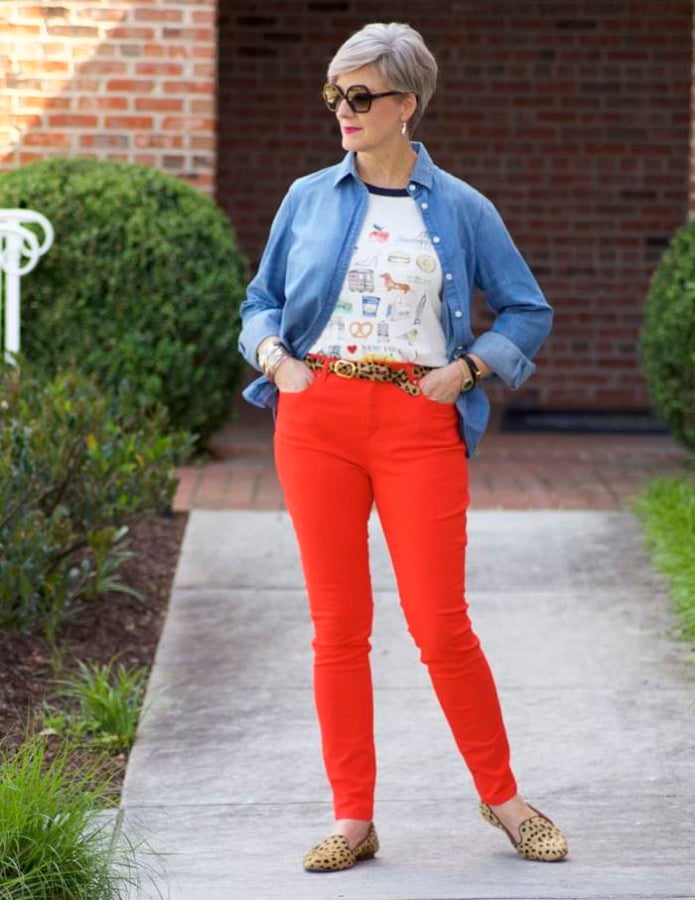 leapin' leopard, red denim, beth djalali, style at a certain age