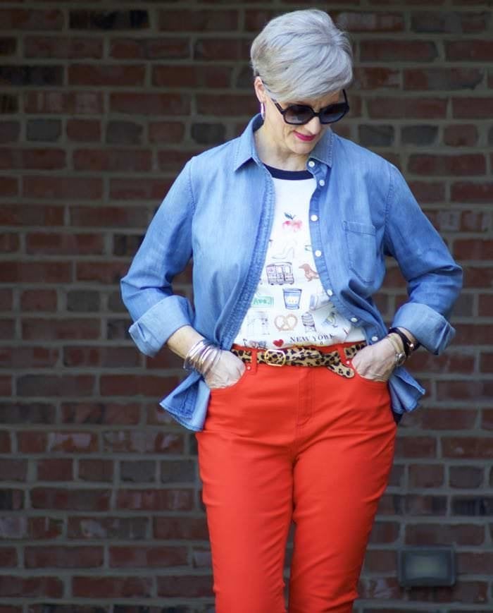 leapin' leopard, red denim, beth djalali, style at a certain age