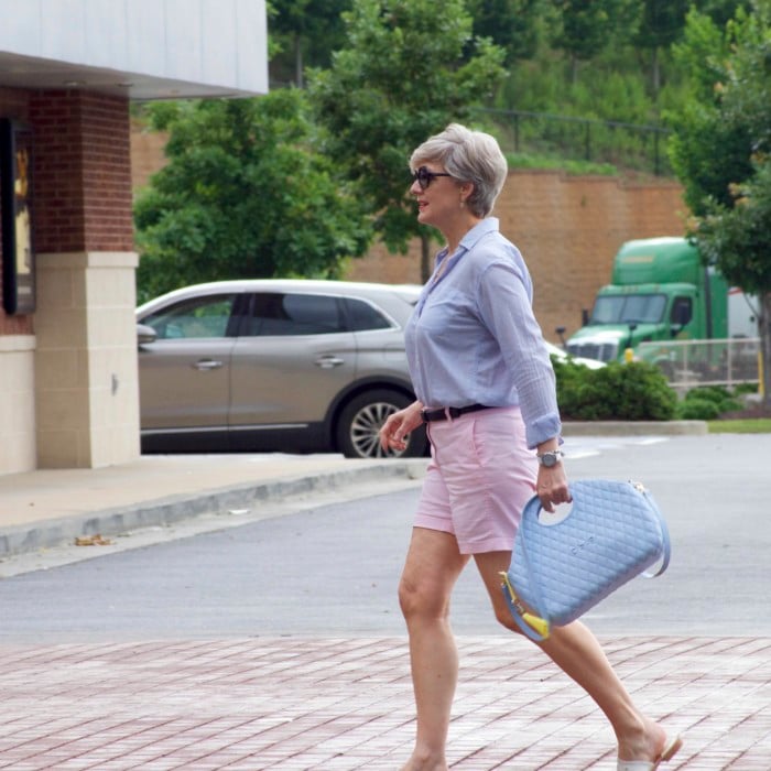 j.crew shorts, ralph lauren striped shirt, jack rogers sandals, o bag