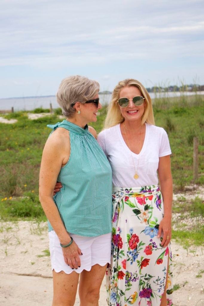floral maxi skirt, white tee, gingham top, scalloped shorts, beaches