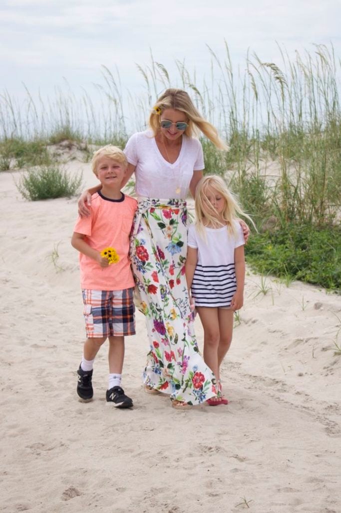 floral maxi skirt, white tee, gingham top, scalloped shorts, beaches