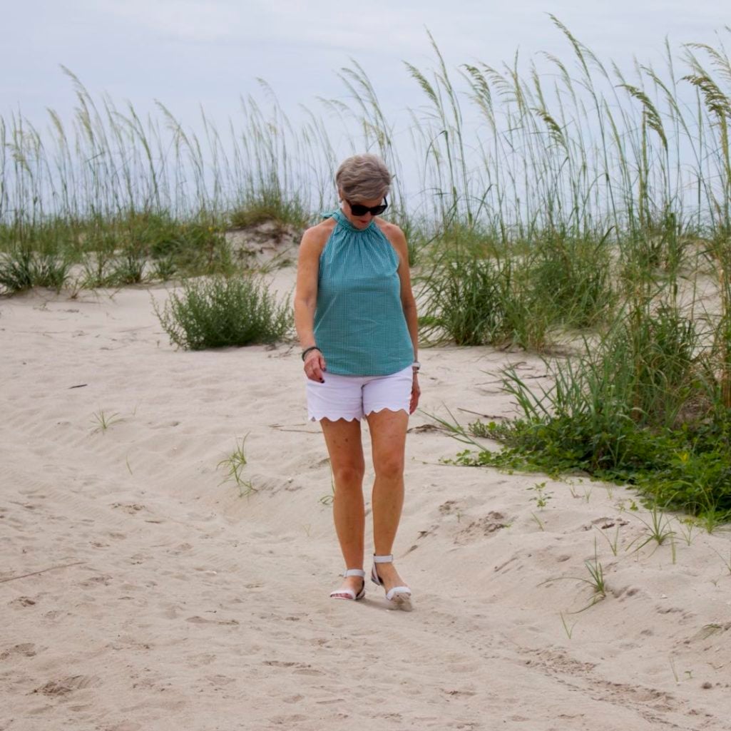 floral maxi skirt, white tee, gingham top, scalloped shorts, beaches