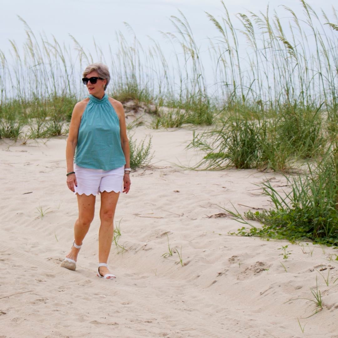 floral maxi skirt, white tee, gingham top, scalloped shorts, beaches