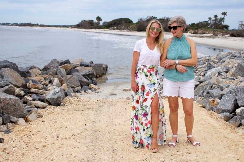 floral maxi skirt, white tee, gingham top, scalloped shorts, beaches