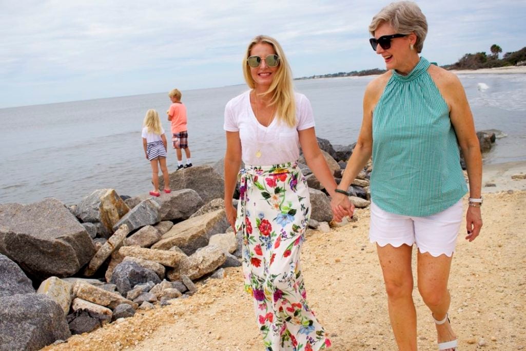 floral maxi skirt, white tee, gingham top, scalloped shorts, beaches