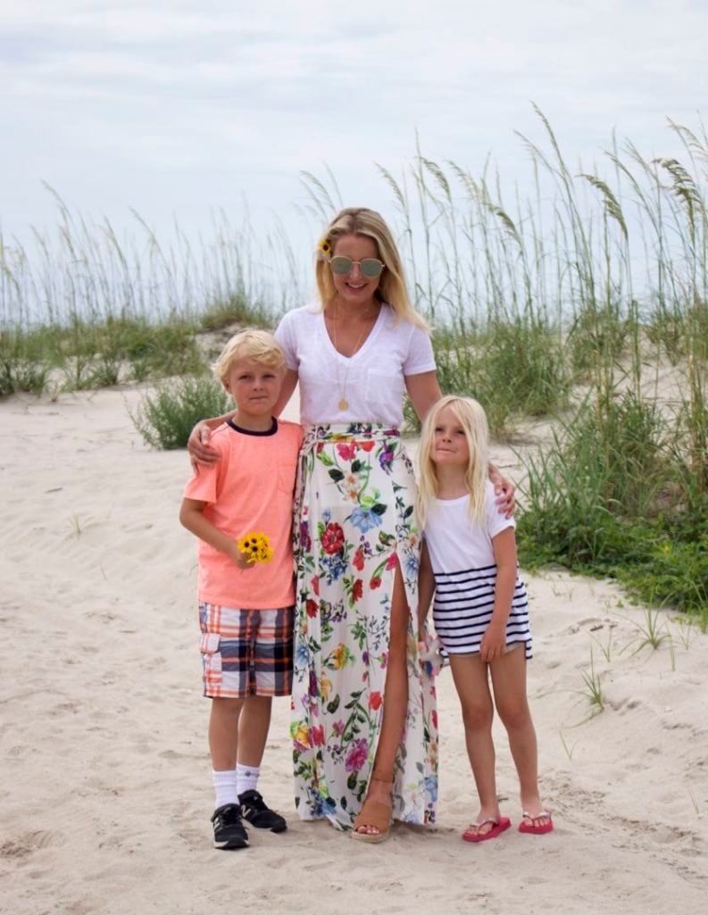 floral maxi skirt, white tee, gingham top, scalloped shorts, beaches