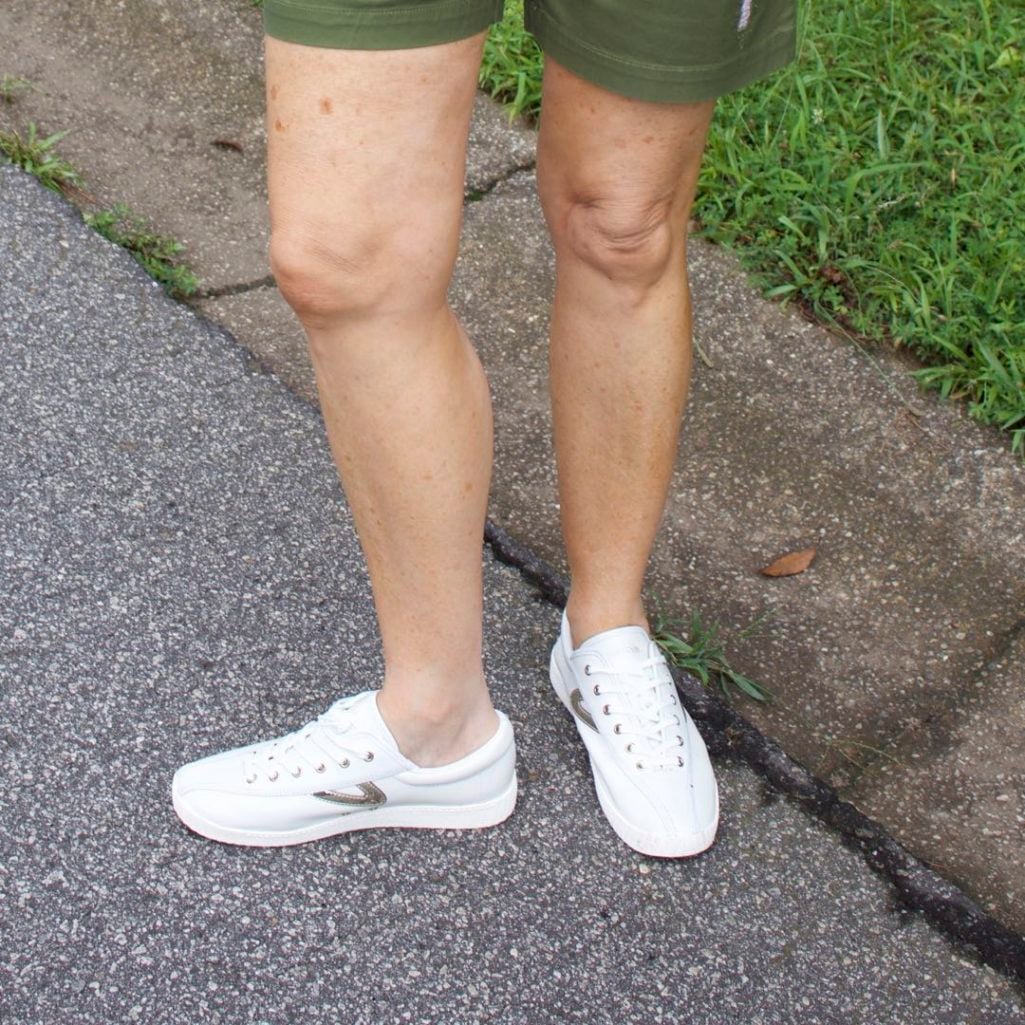 talbots distressed shorts, j.crew graphic tee, tretorn sneakers