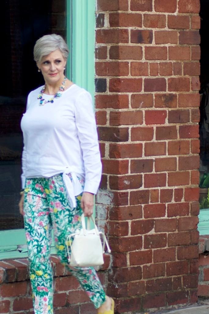 talbots floral pants, white blouse, boden yellow sandals