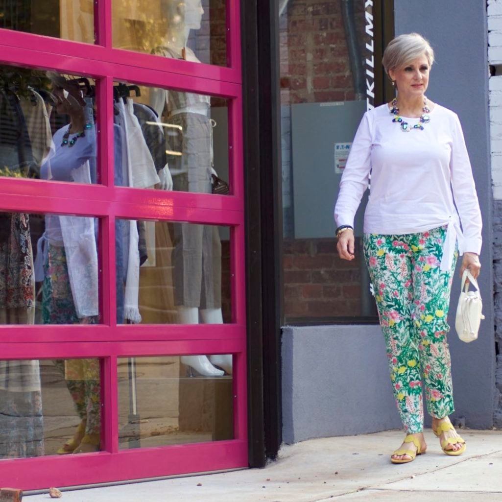 talbots floral pants, white blouse, boden yellow sandals
