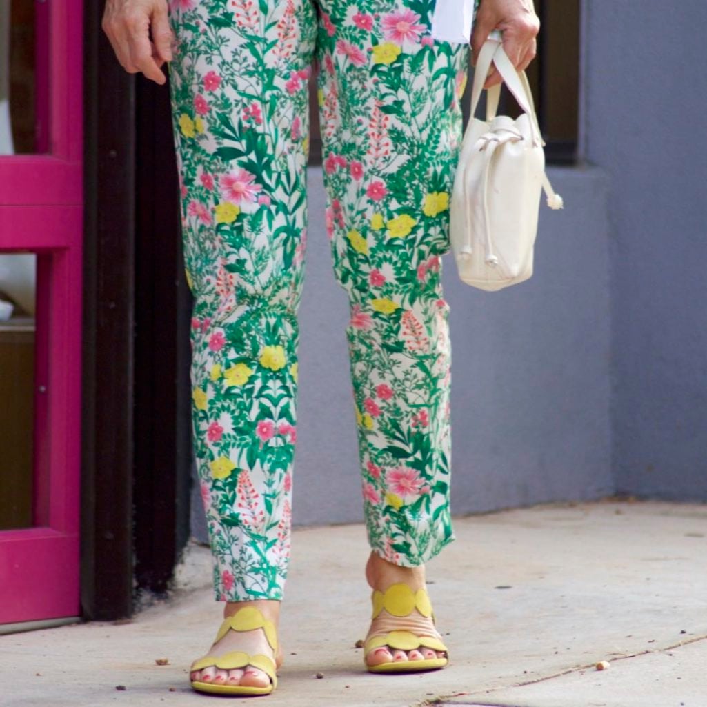 talbots floral pants, white blouse, boden yellow sandals