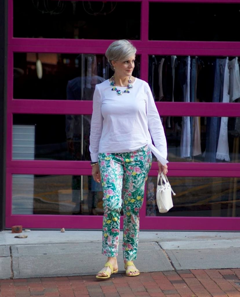 talbots floral pants, white blouse, boden yellow sandals