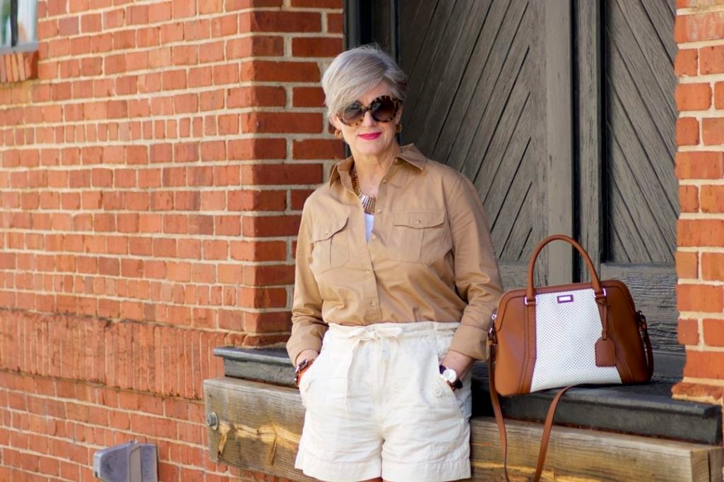 vince drawstring shorts, ralph lauren utility shirt, madewell tank