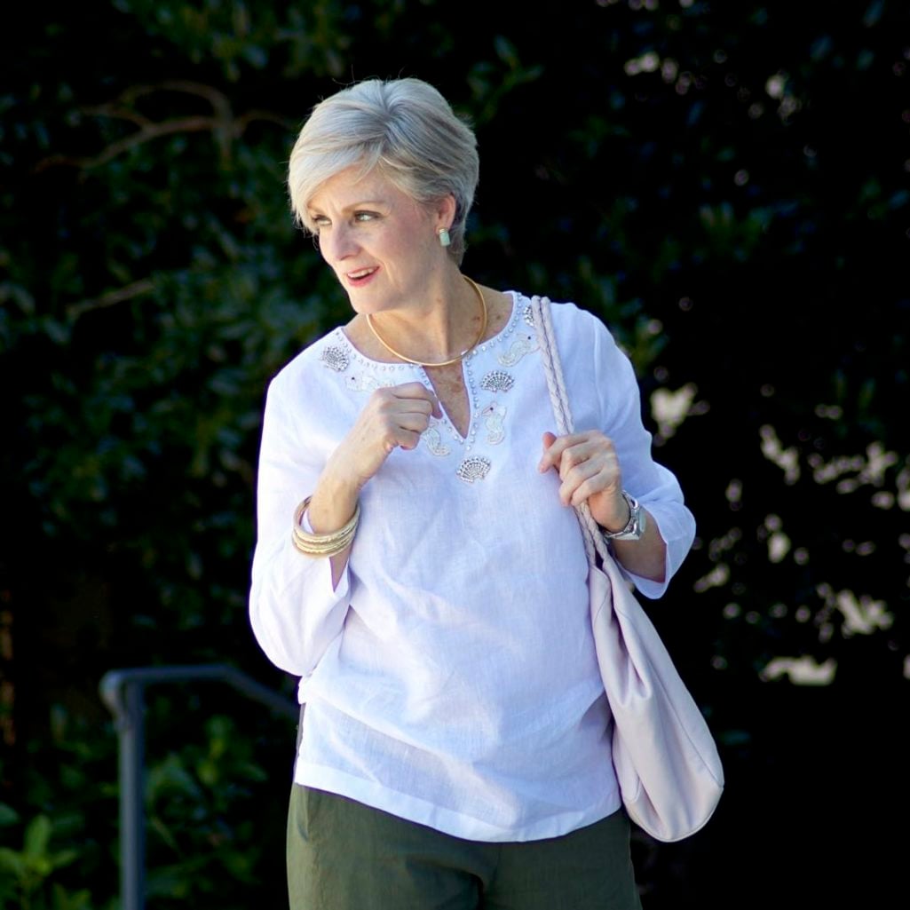 talbots linen tunic, theory linen pants, kate spade sandals, hanner clarke handbag