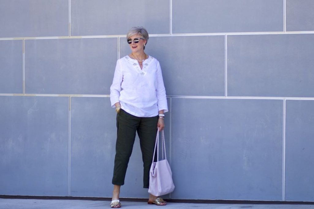 talbots linen tunic, theory linen pants, kate spade sandals, hanner clarke handbag