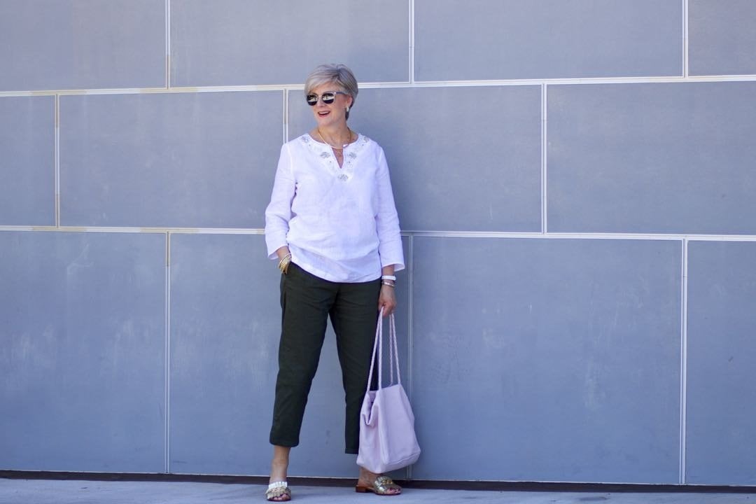 talbots linen tunic, theory linen pants, kate spade sandals, hanner clarke handbag