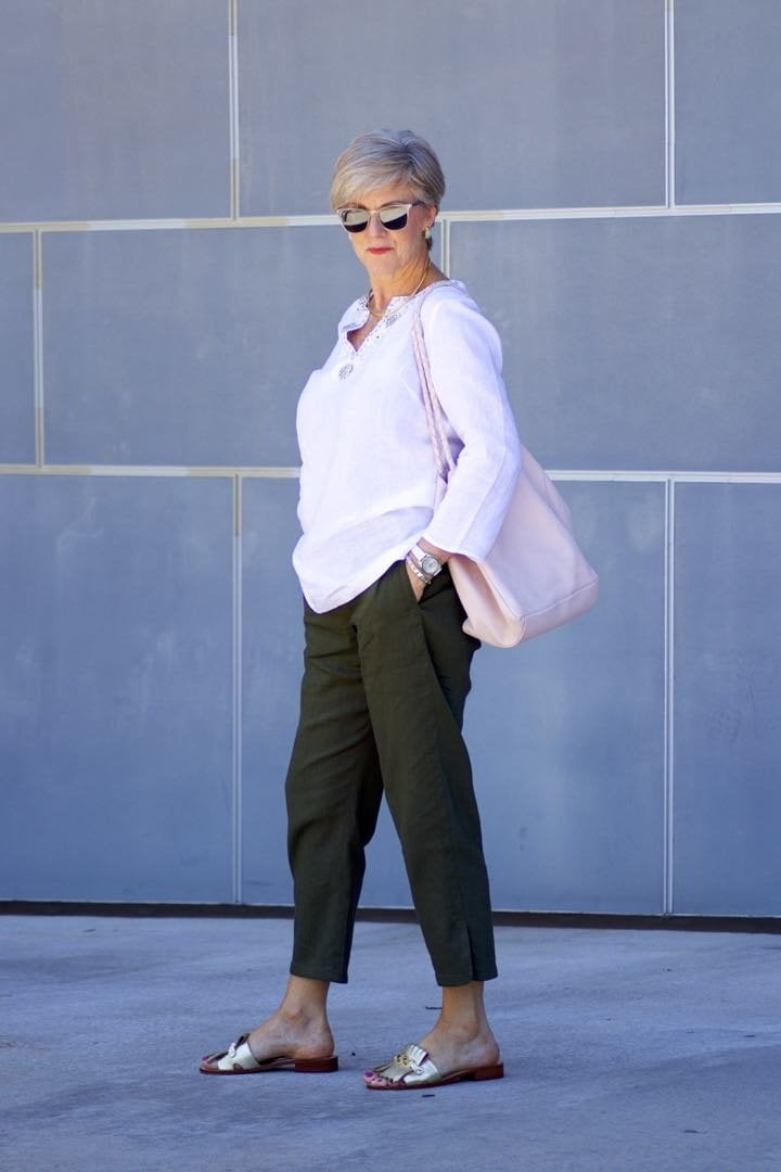 talbots linen tunic, theory linen pants, kate spade sandals, hanner clarke handbag