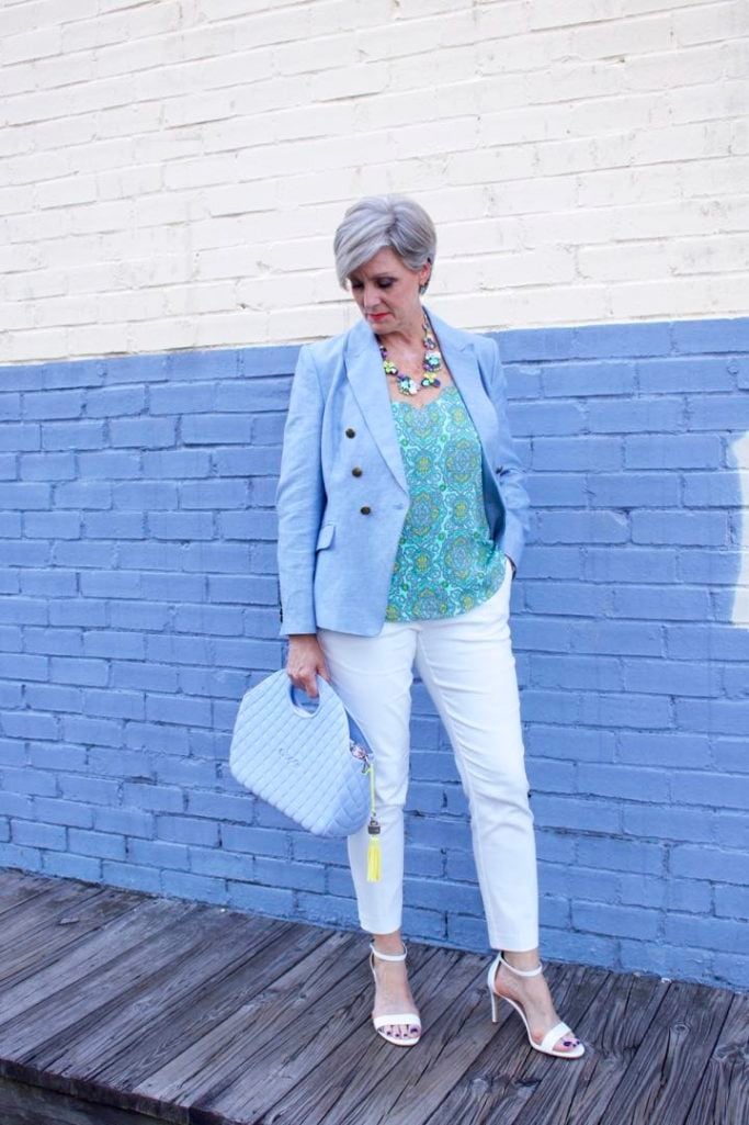 paisley top, linen blazer, white pants