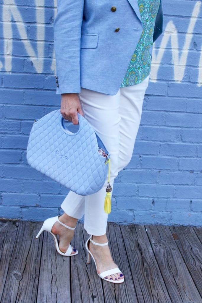 paisley top, linen blazer, white pants