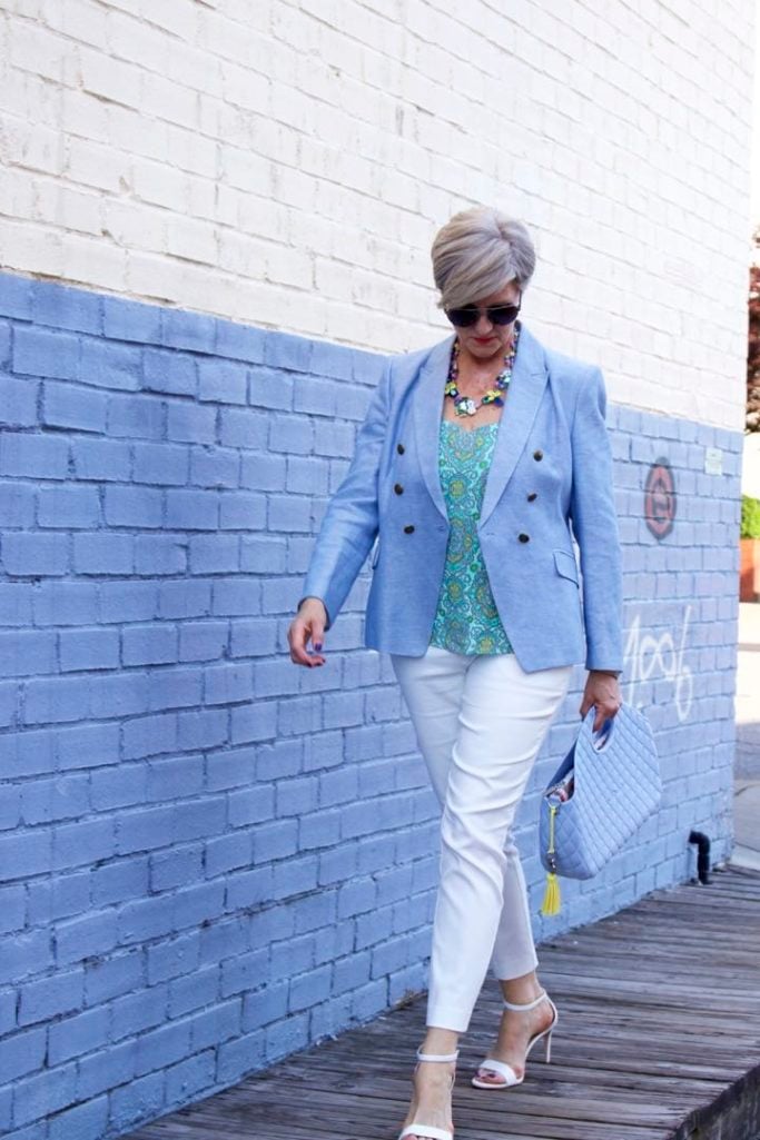 paisley top, linen blazer, white pants