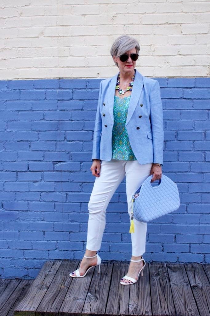 paisley top, linen blazer, white pants