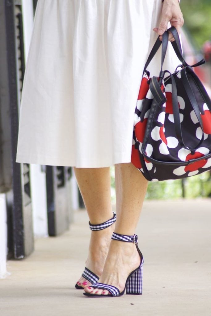 ann taylor skirt, black tee, gingham sandals, marc jacobs tote, j.crew cardigan