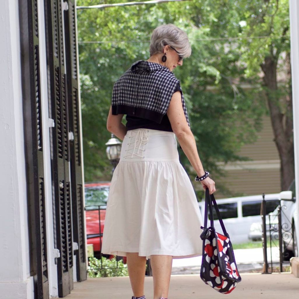 ann taylor skirt, black tee, gingham sandals, marc jacobs tote, j.crew cardigan
