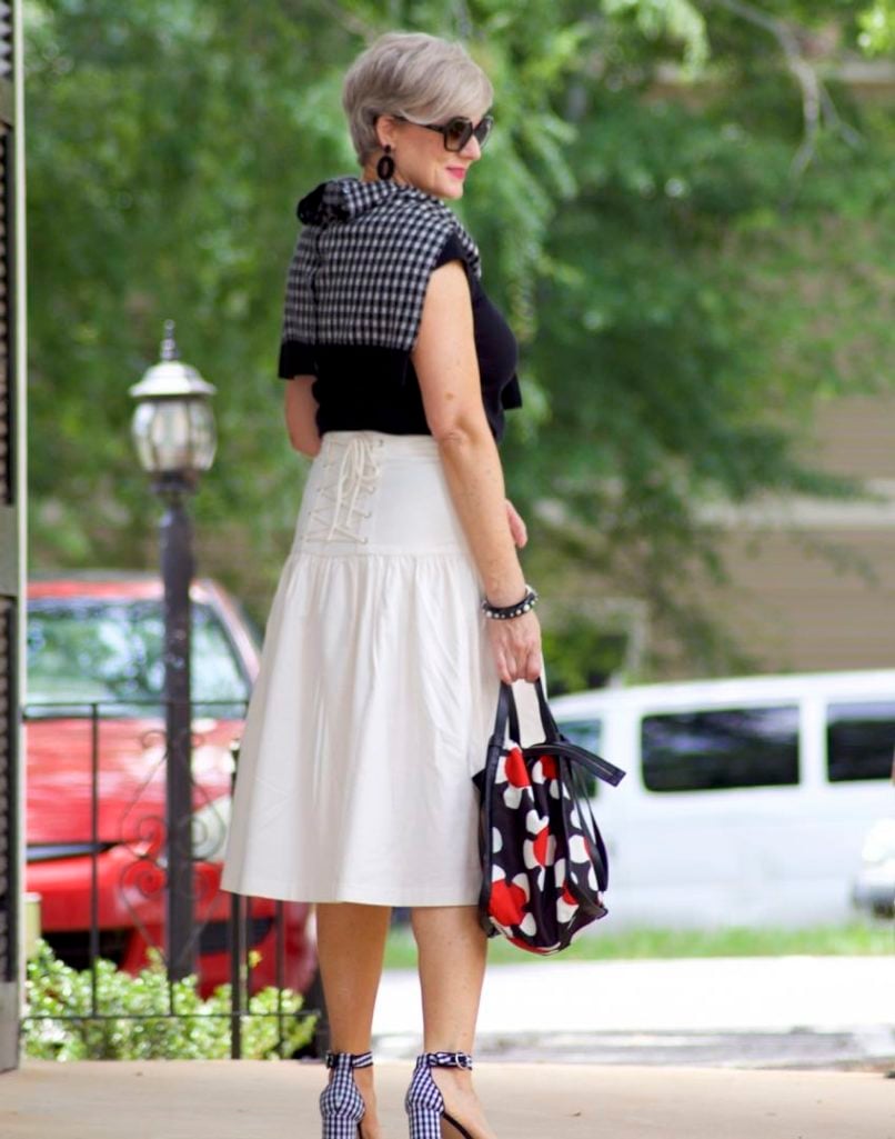 ann taylor skirt, black tee, gingham sandals, marc jacobs tote, j.crew cardigan