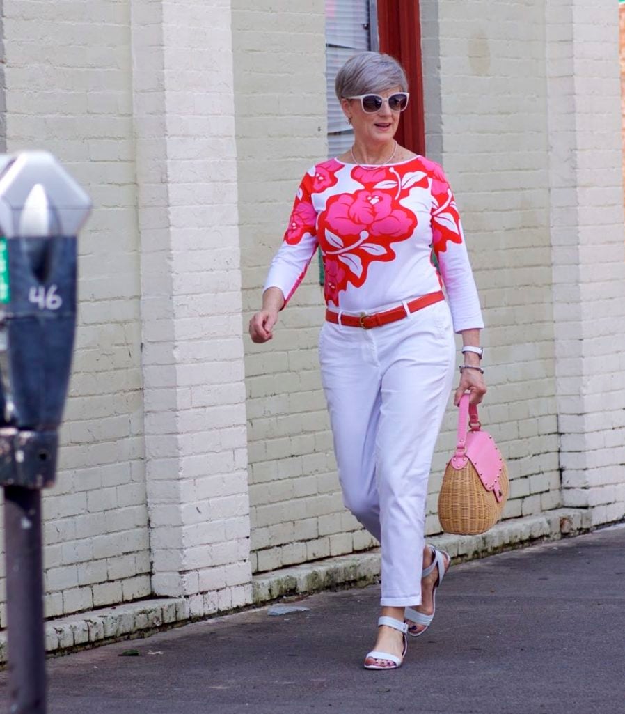 white chinos, tee, white sandals, straw handbag