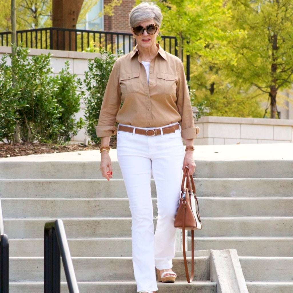 express white denim, j.crew utility shirt