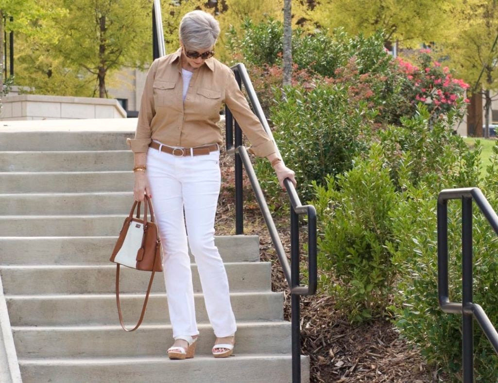express white denim, j.crew utility shirt
