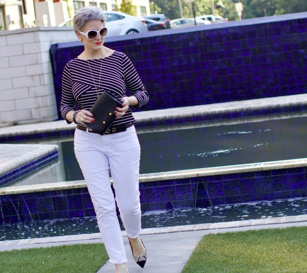 stripes tee and white denim