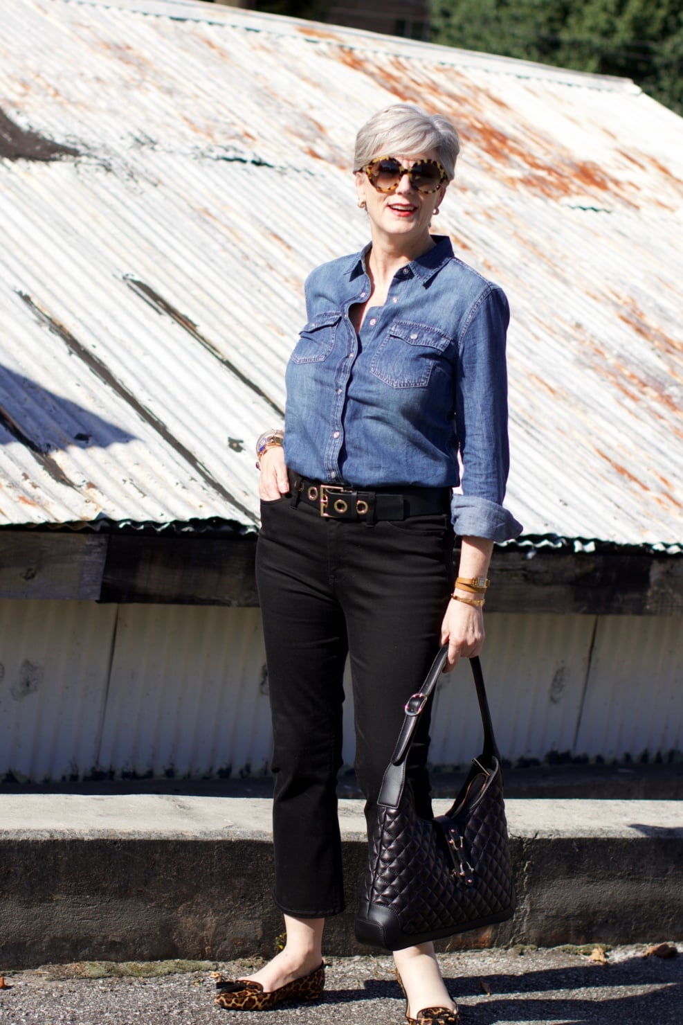 denim shirt, cropped black denim, leopard flats