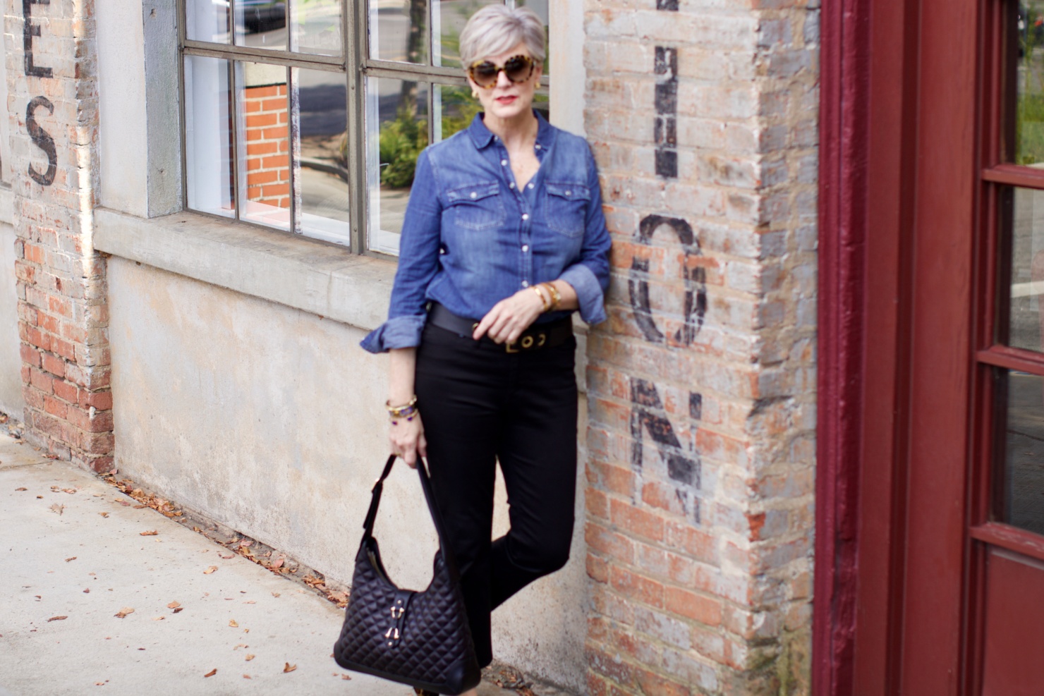 denim shirt, cropped black denim, leopard flats