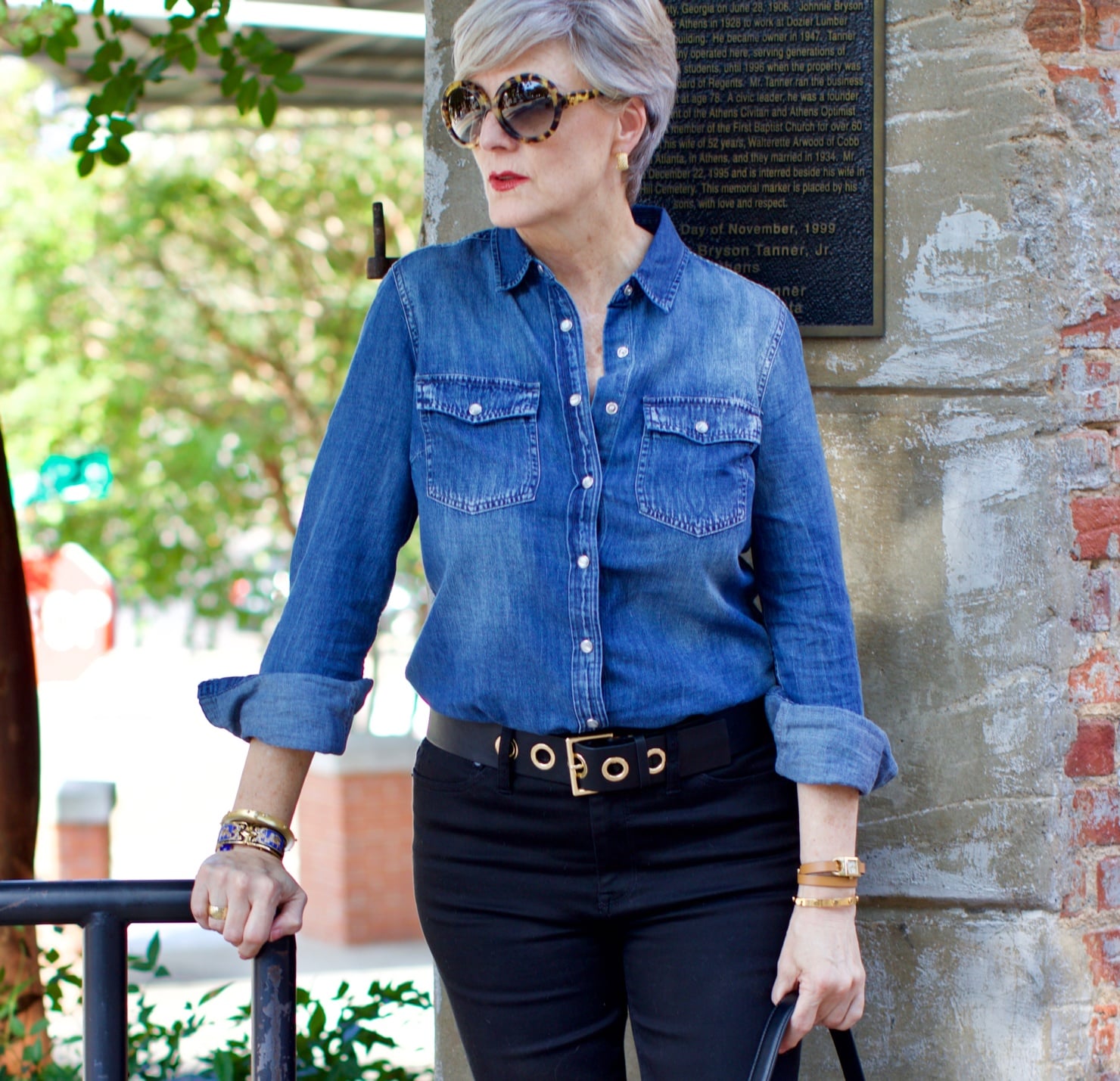 denim shirt, cropped black denim, leopard flats