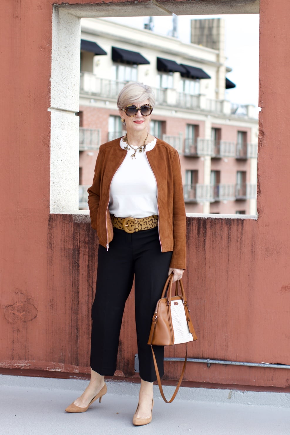 j.crew wide leg pants, ann taylor scalloped shell, ralph lauren cheeta belt, ann taylor suede pumps, ralph lauren suede jacket