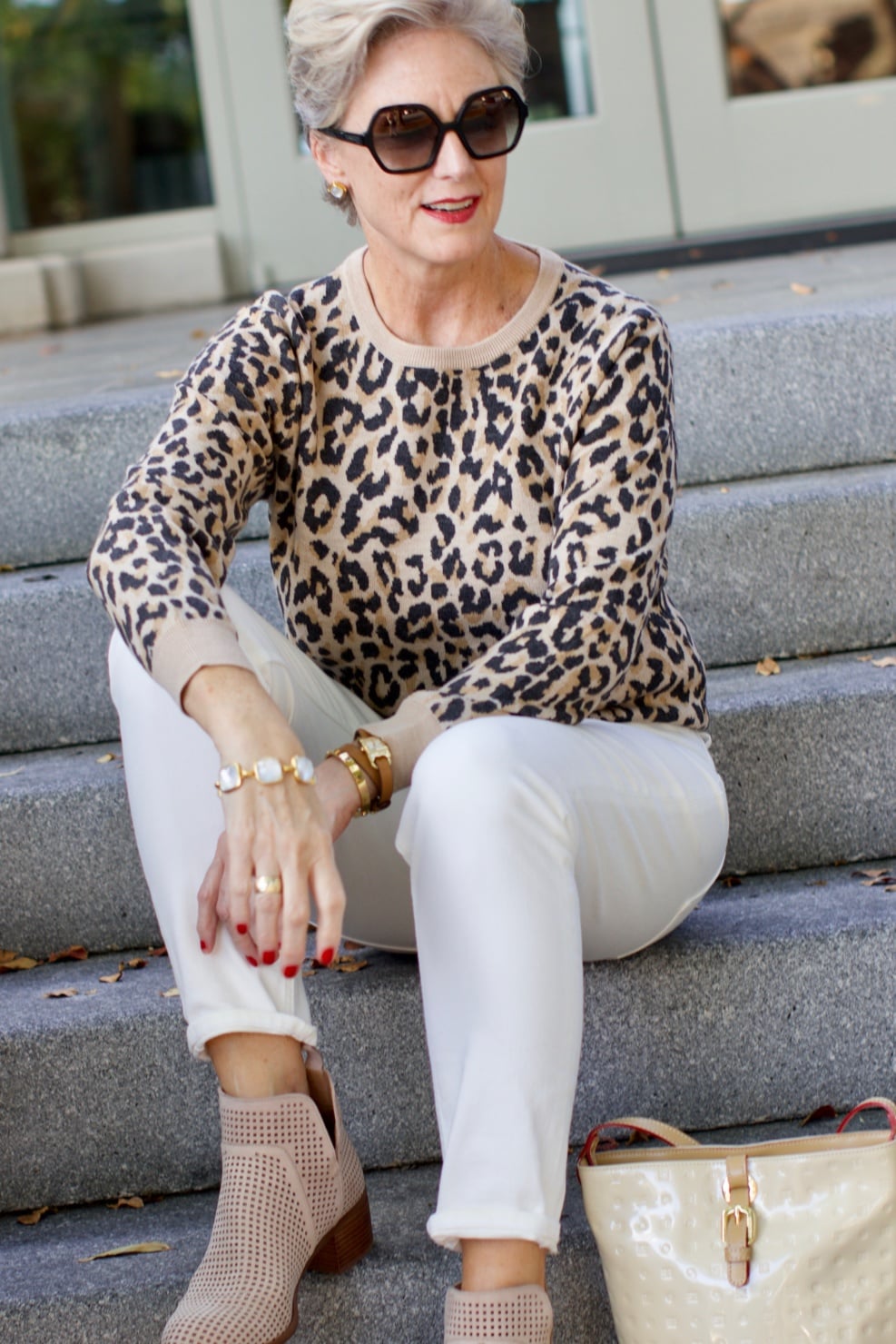 everlane white denim, j.crew leopard sweatshirt, franco sarto booties