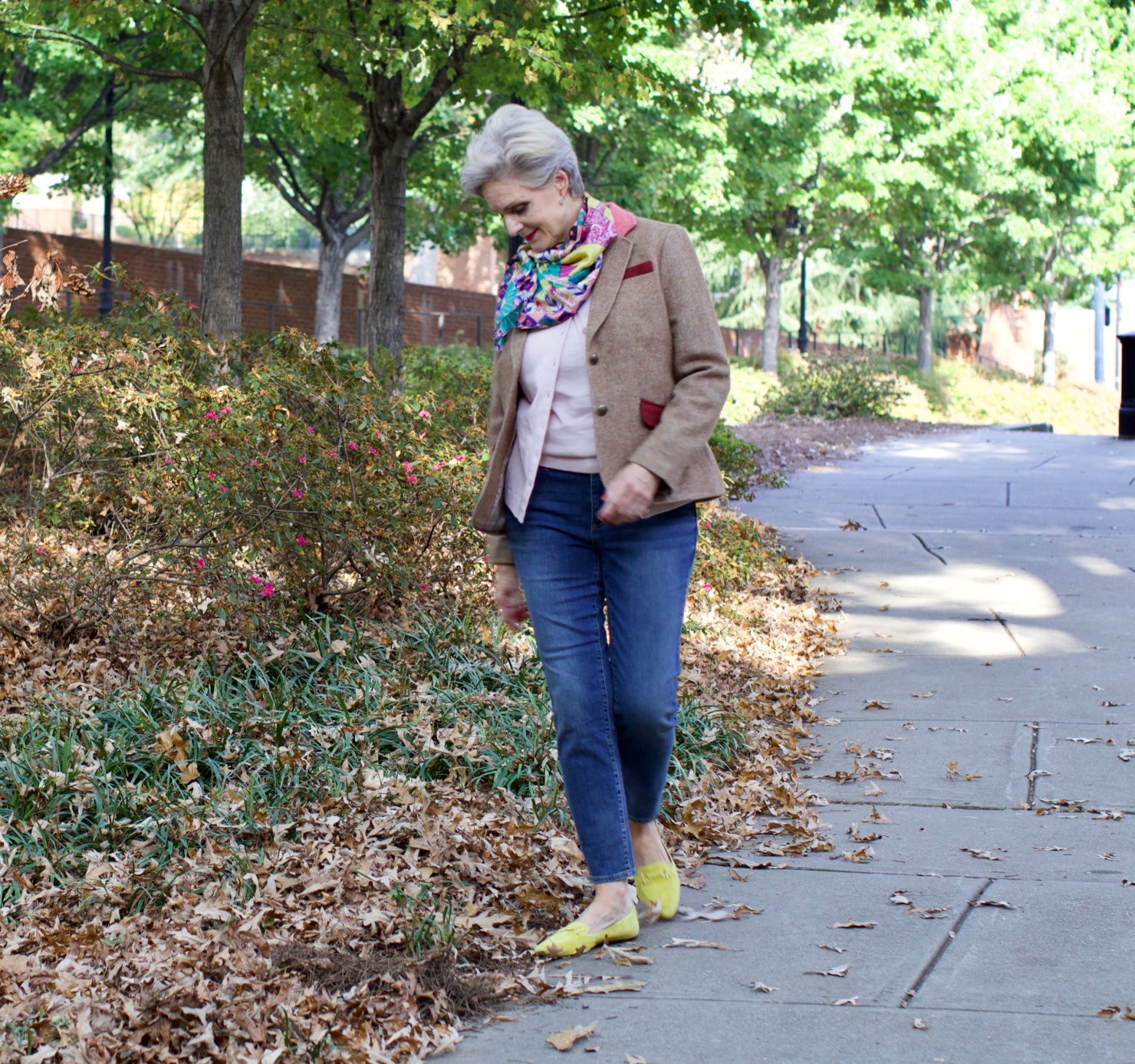 Talbots cardigan, silk scarf, leopard shoes
