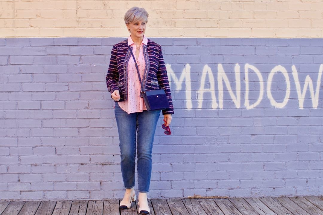 tweed blazer, silk button down, denim