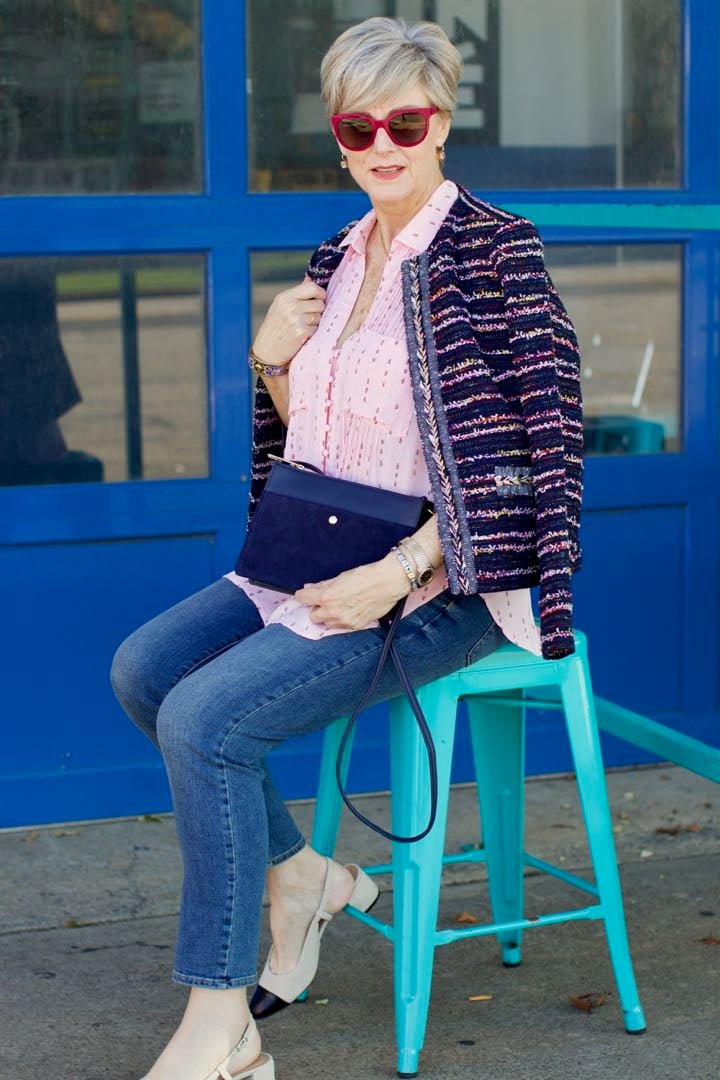 tweed blazer, silk button down, denim