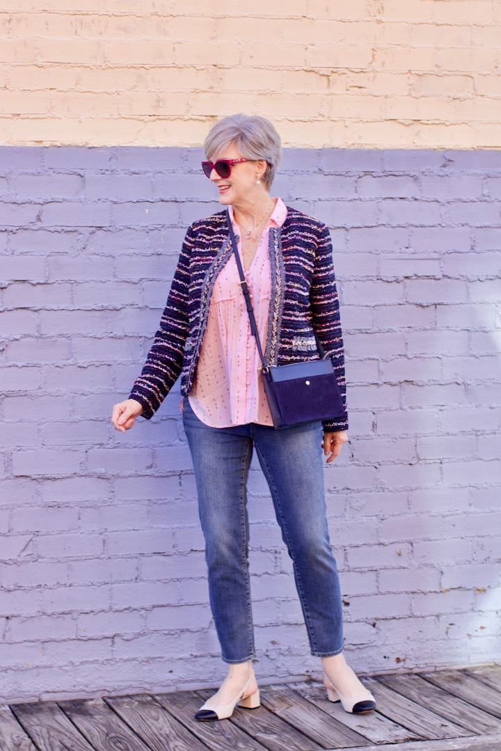 tweed blazer, silk button down, denim
