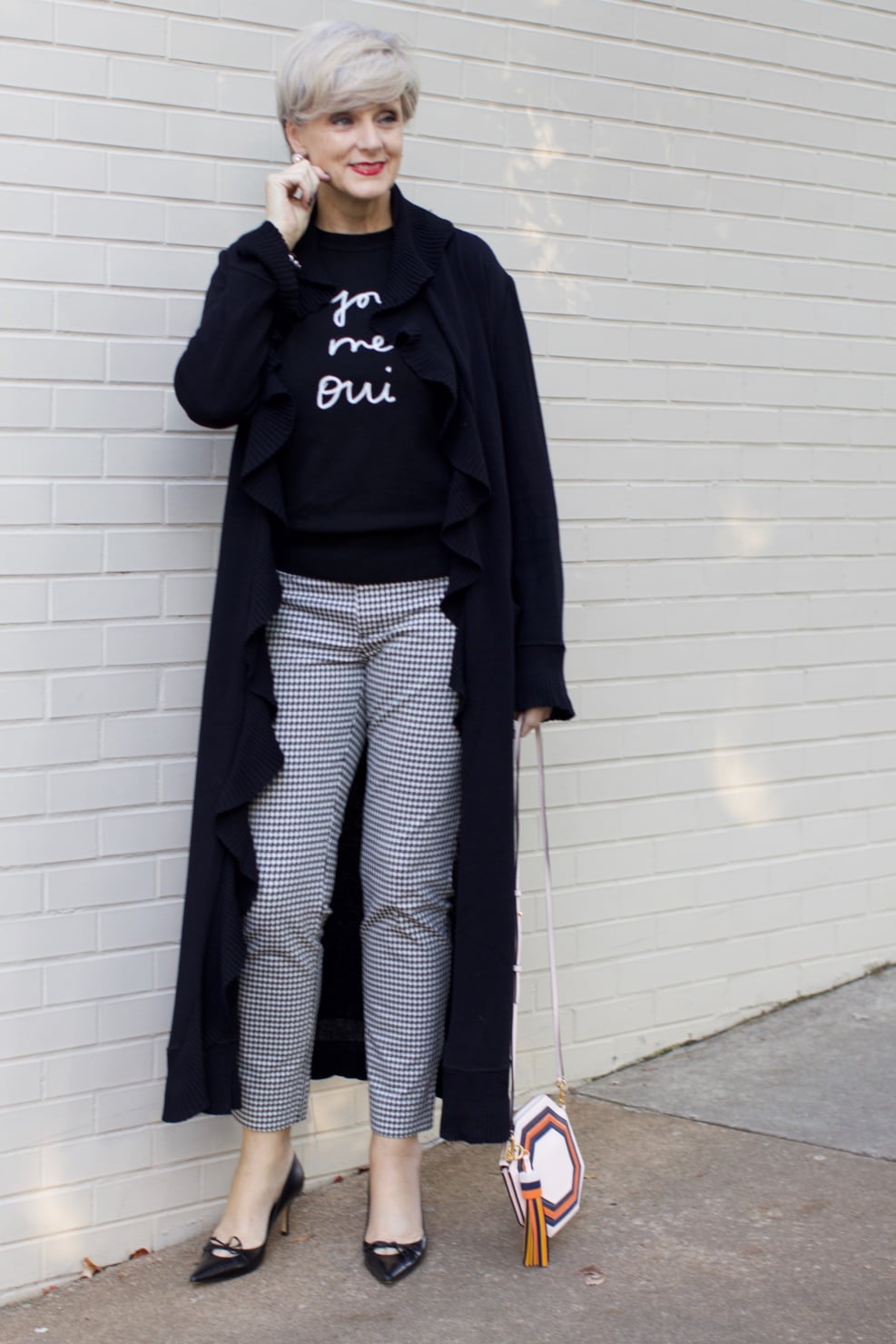 st. john cardigan, banana republic houndstooth pants and embroidered sweater