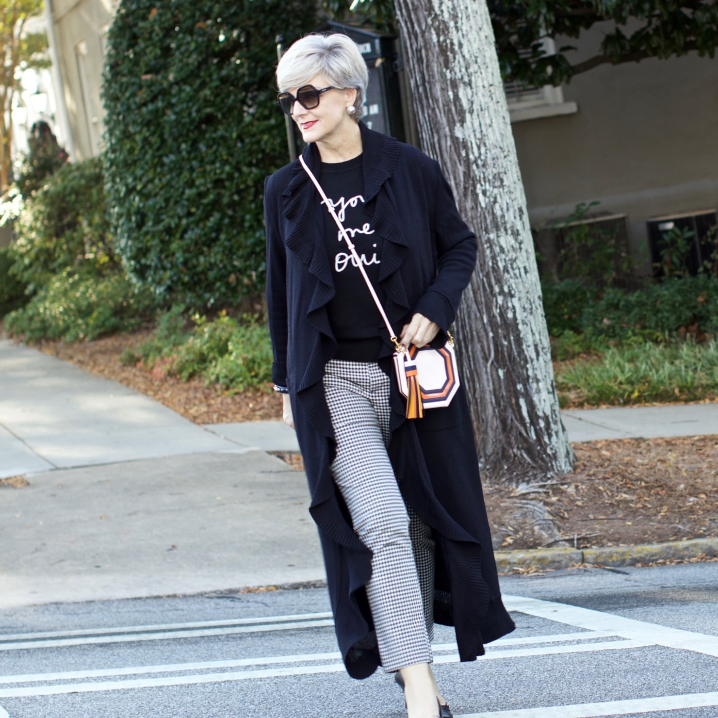 st. john cardigan, banana republic houndstooth pants and embroidered sweater