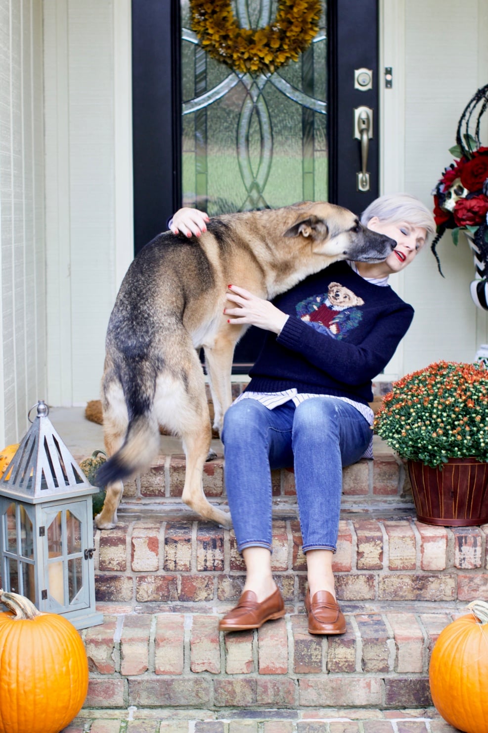 fall home design updates from beth at a Style at a Certain Age who is wearing a Ralph Lauren Polo Bear sweater, J.Crew skinny jeans, and J.Crew Ryan Loafers