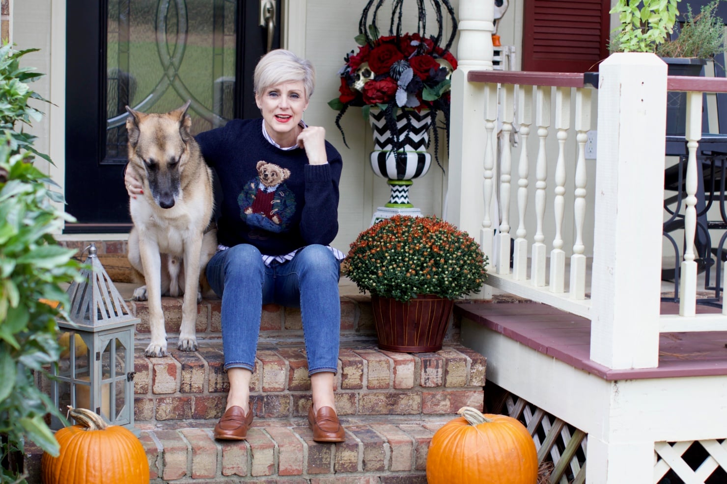 fall home design updates from beth at a Style at a Certain Age who is wearing a Ralph Lauren Polo Bear sweater, J.Crew skinny jeans, and J.Crew Ryan Loafers