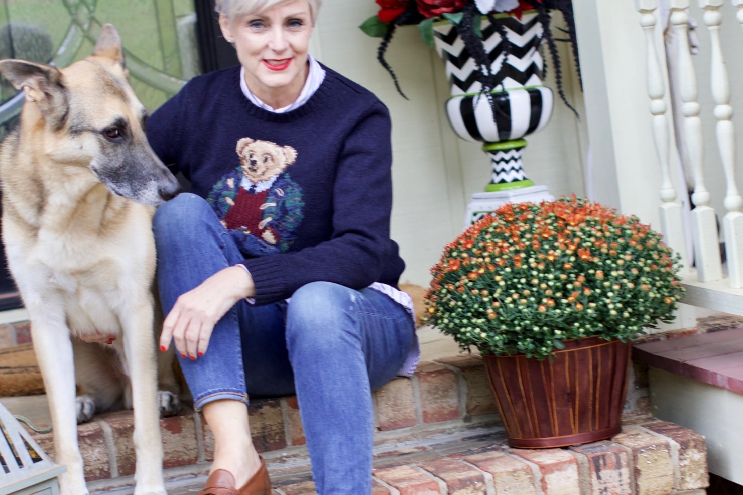 fall home design updates from beth at a Style at a Certain Age who is wearing a Ralph Lauren Polo Bear sweater, J.Crew skinny jeans, and J.Crew Ryan Loafers