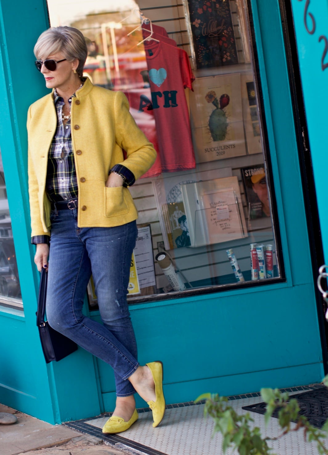 yellow blazer, plaid shirt, yellow driving moc's