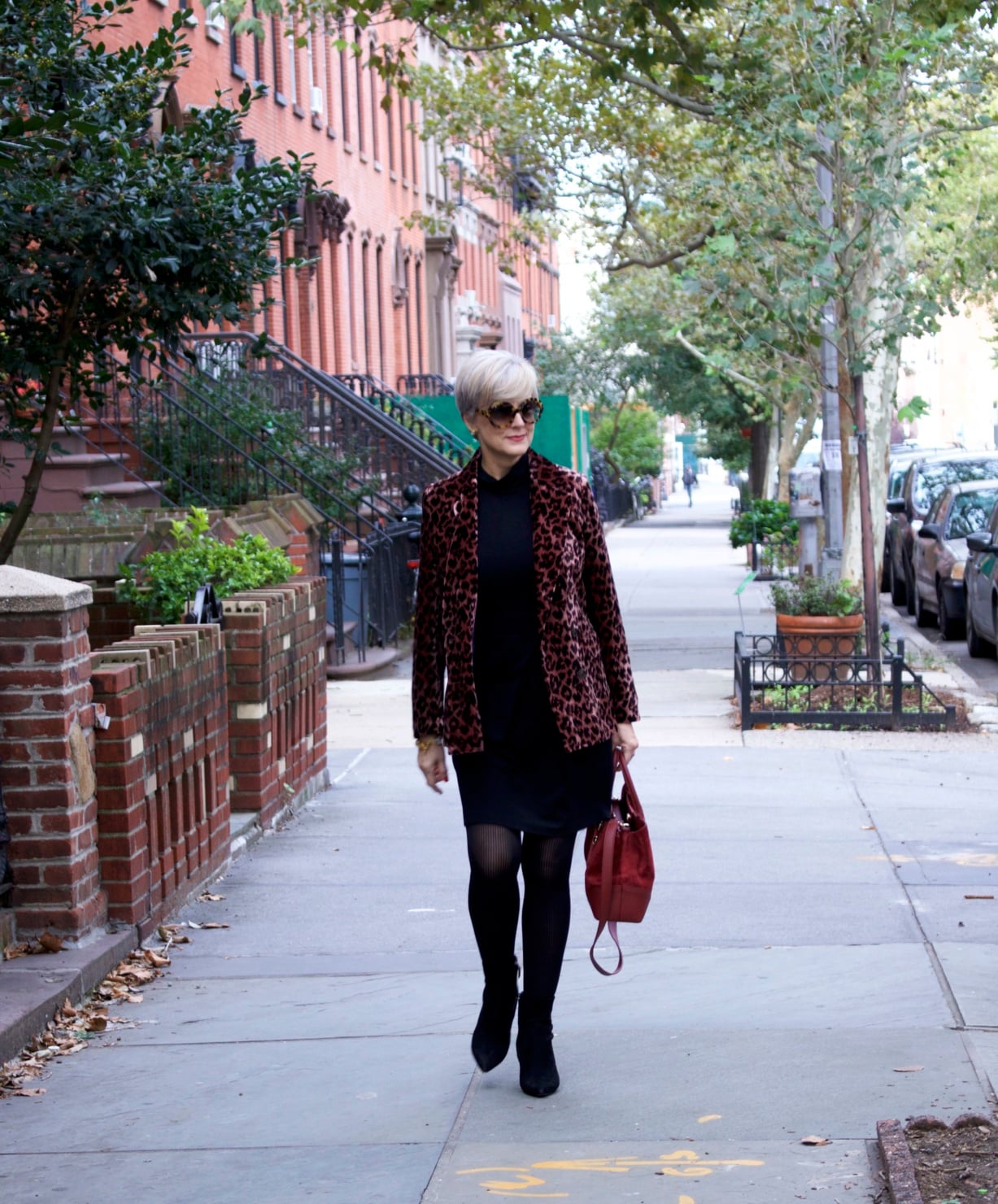 little black dress, leopard blazer, black booties