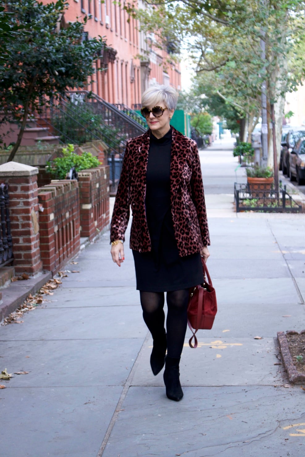 little black dress, leopard blazer, black booties
