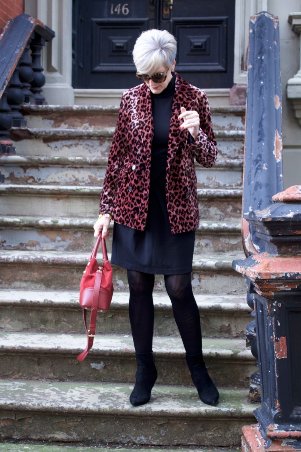 little black dress, leopard blazer, black booties