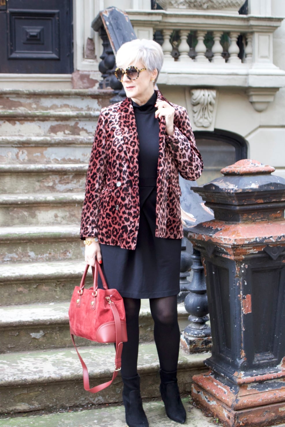 little black dress, leopard blazer, black booties